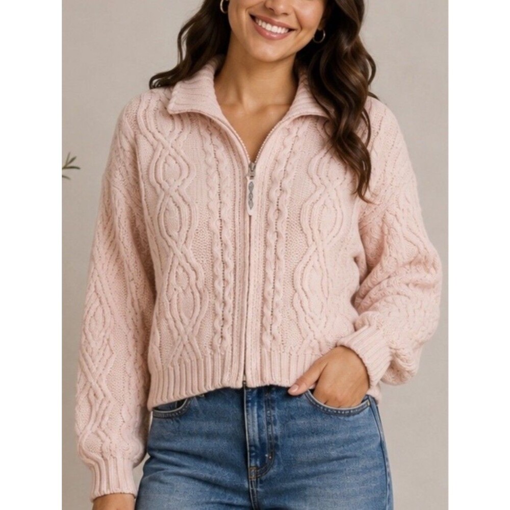 Aran Crafts Womens XL Cable Pink Cardigan Zipper Merino Wool Coastal Cottagecore